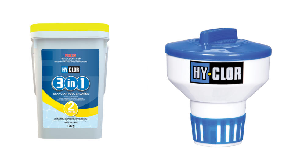 Left: Hy Clor 3 in 1 pool chlorine. Right: Hy Clor floating pool dispenser.