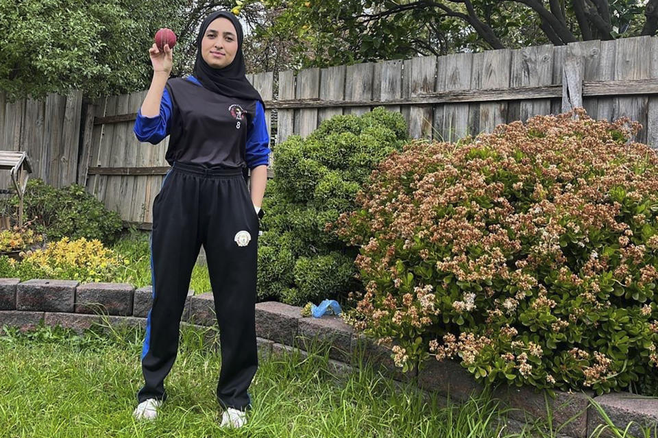 Afghan women's cricketer Firooza Amiri poses at her parent’s home in Melbourne, Australia, Thursday, Aug. 31, 2023. Forced to flee with her family when the Taliban again took power in Afghanistan on Aug. 15, 2021, Amiri and her family first traveled to Pakistan and then were evacuated to Australia, where most of her 25 teammates still live. (Firooza Amiri via AP)