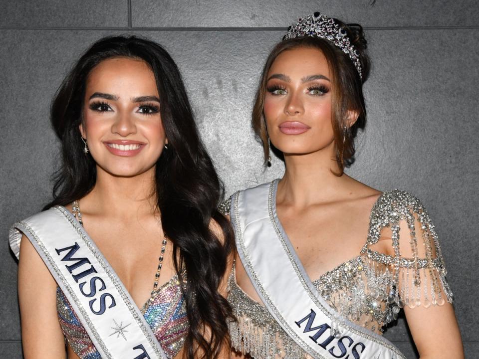 Miss Teen USA 2023, UmaSofia Srivastava, left, and Miss USA 2023, Noelia Voigt, right, have both resigned their crowns recently, amid allegations of a toxic work environment against the organization (Getty Images for Supermodels Unl)