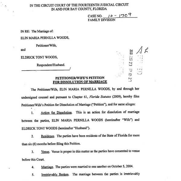 A court document in the divorce of Woods and Nordegren. Source: Reuters
