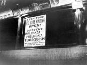 View of a health warning notice about influenza, from the Anti-Tuberculosis League, posted on the inside of a public transport vehicle (likely a train), 1918 - 1920. The sign reads 'Keep Your Bed Room Windows Open! Prevent influenza, pneumonia, tuberculosis' and refers to the deadly 'Spanish Flu' pandemic that swept the globe; international mortality statistics estimate that it resulted in between 20 and 100 million deaths. (Photo by Cincinnati Museum Center/Getty Images)