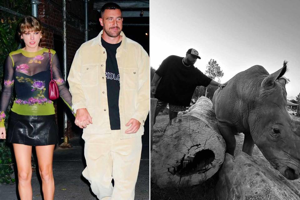 <p>Gotham/GC Images; Ross Travis/Instagram</p> Taylor Swift and Travis Kelce; Travis Kelce petting a rhino at the Sydney Zoo