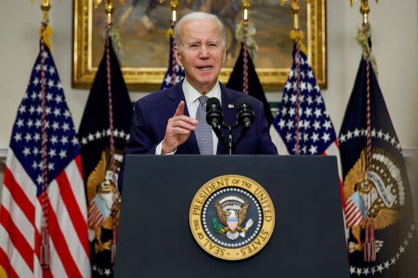 PHOTO: President Joe Biden delivers remarks on the banking crisis after the collapse of Silicon Valley Bank (SVB) and Signature Bank, in the Roosevelt Room at the White House in Washington, D.C., March 13, 2023. (Evelyn Hockstein/Reuters)