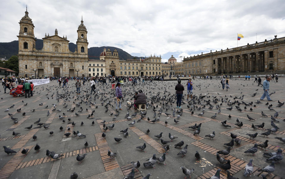 Pigeons fill Bolivar Square in Bogota, Colombia, Tuesday, Oct. 2, 2018. A study conducted by city biologists found that the square's pigeon population doubles on weekends to 3,400 birds as the number of tourists who visit the square's iconic sites also swells. (AP Photo/Fernando Vergara)