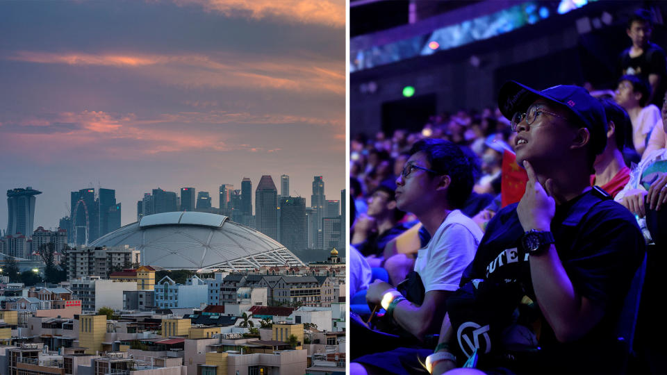 Composite image of the Sports Hub National Stadium in Singapore and Dota 2 fans at TI9.