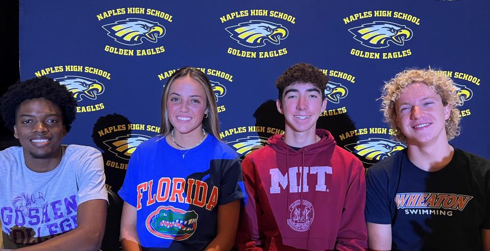 Naples High celebrated four athletes signing with colleges including (from left) Josh Similien, Goshen College, Basketball; Lucy Froitzheim, University of Florida, Soccer; Jack Tucker, MIT, Diving; and  Lucas Edwards, Wheaton College, Swimming.