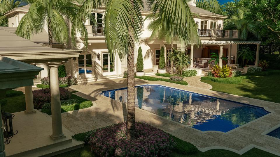 A digital rendering shows the pool area of a just-completed house at 205 Via Tortuga in Palm Beach's Phipps Estates neighborhood.