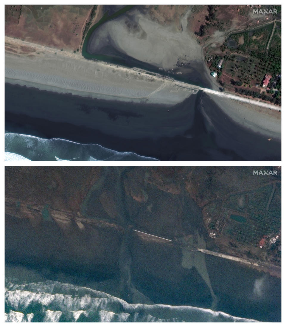 This combination of Feb. 17 and May 15, 2023 photos provided by Maxar Technologies shows a bridge in Sittwe, Myanmar, before and after Cyclone Mocha made landfall in Rakhine state on Sunday, May 14, 2023. (Maxar Technologies via AP)