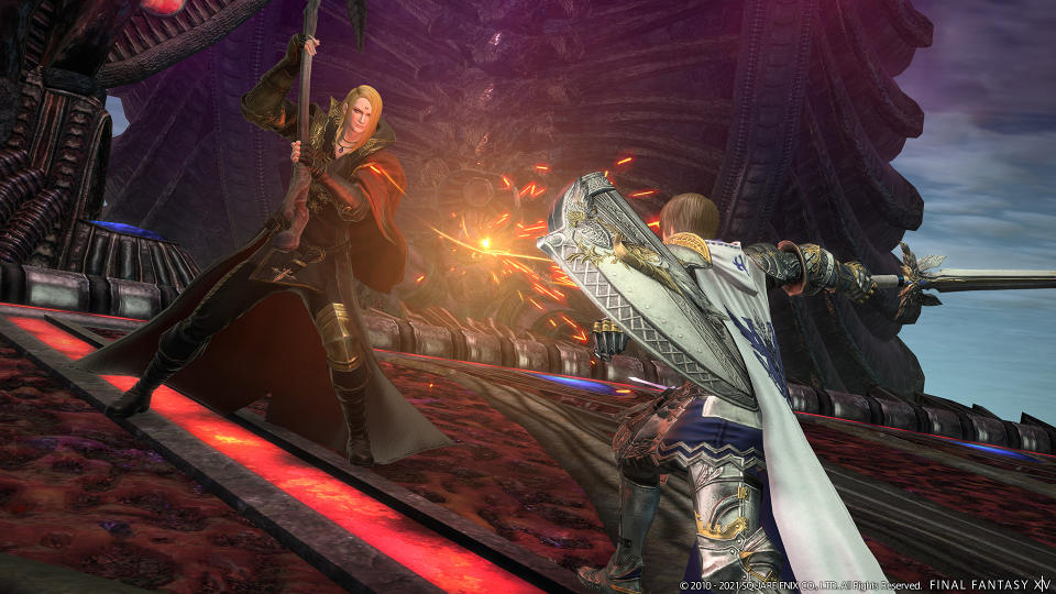Final Fantasy 14 screenshot showing two characters battling in an epic FF14 cutscene