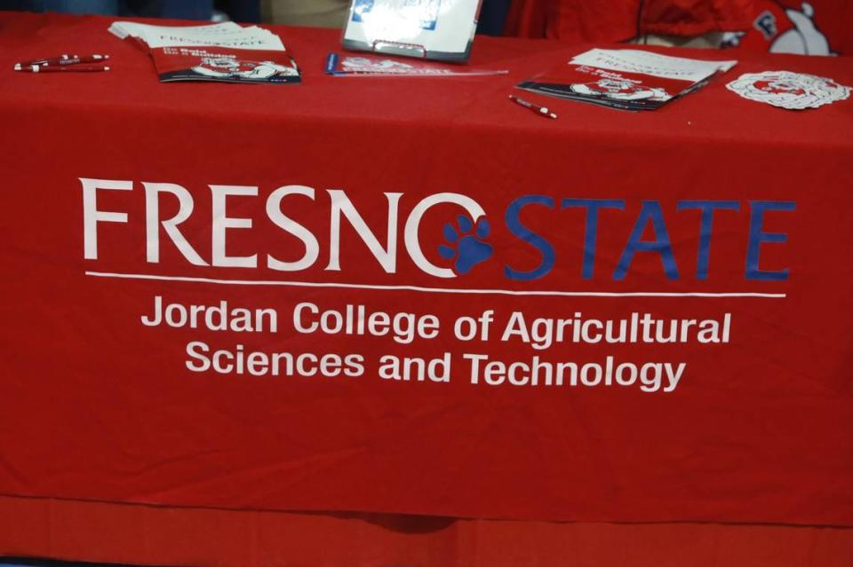 Fresno State’s info booth for the Jordan College of Agricultural Sciences and Technology in the Ag Career and Education tent at the World Ag Expo providing education about the many options in the agricultural field on Tuesday, Feb. 8, 2022 