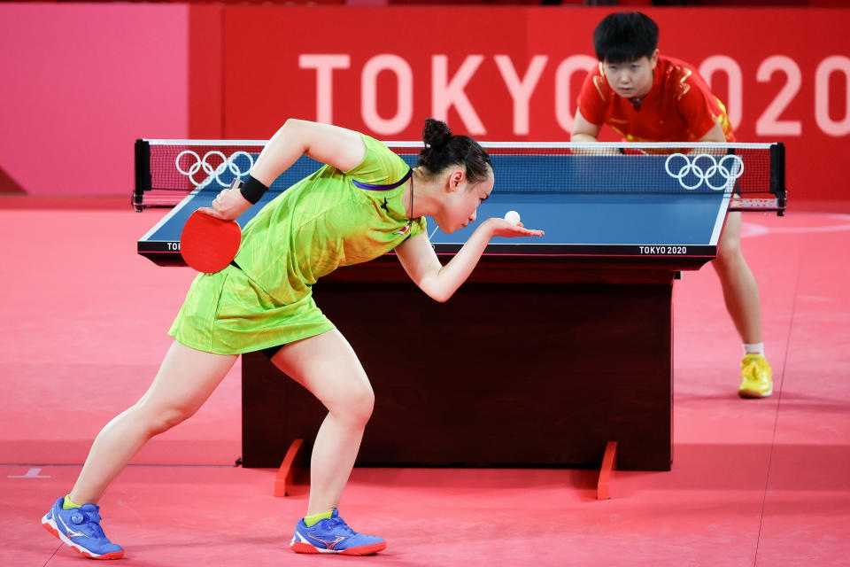 綠色球衣為日本選手伊藤美誠。 (Photo by Pete Dovgan/Speed Media/Icon Sportswire via Getty Images)