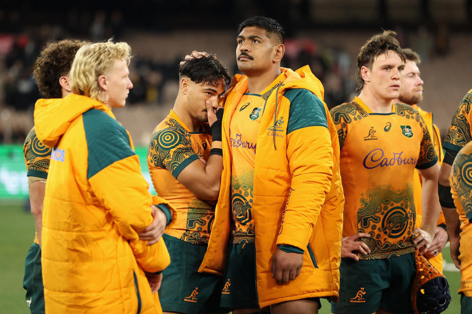 MELBOURNE, AUSTRALIA - JULY 29: Will Skelton of the Wallabies embraces Jordan Petaia of the Wallabies after losing the The Rugby Championship & Bledisloe Cup match between the Australia Wallabies and the New Zealand All Blacks at Melbourne Cricket Ground on July 29, 2023 in Melbourne, Australia. (Photo by Cameron Spencer/Getty Images)