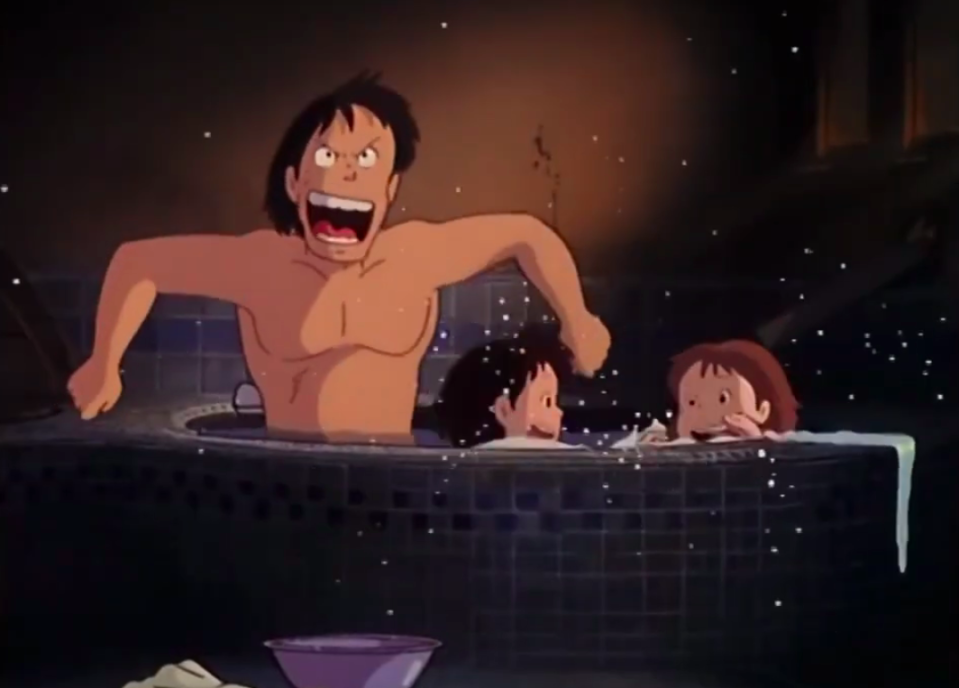 Satsuki, Mei and their father in the bathtub. (YouTube screenshot)