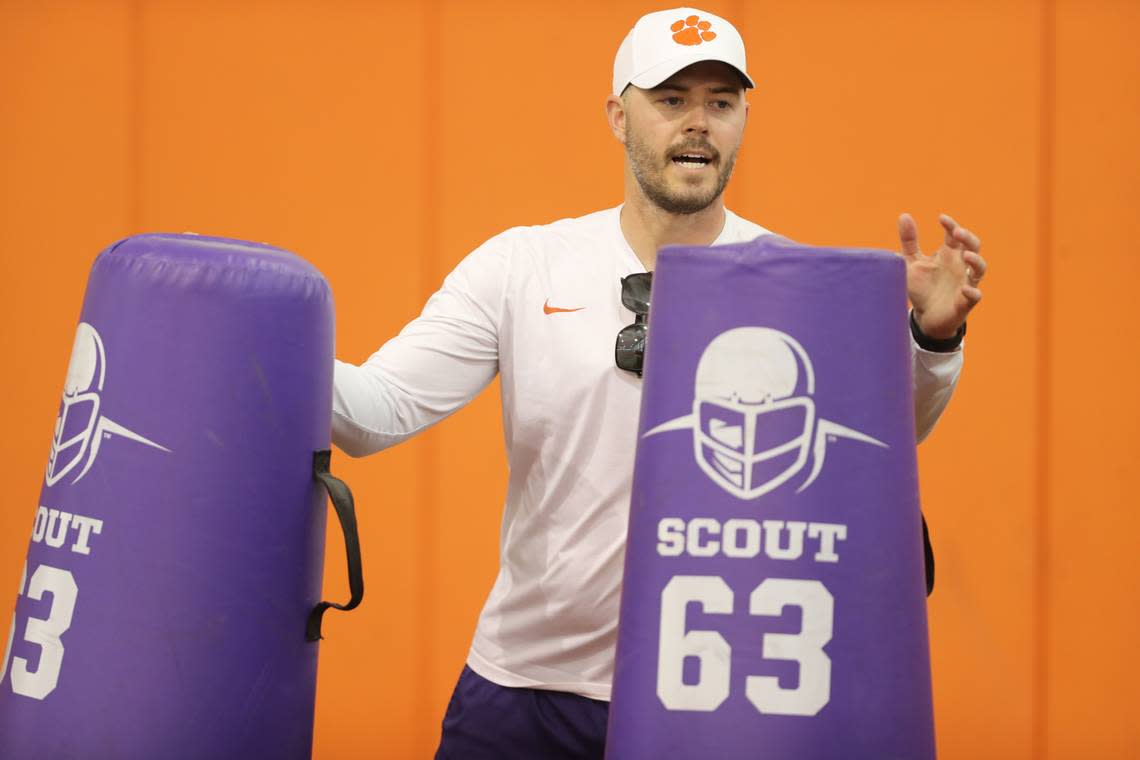 Clemson football offensive coordinator Garrett Riley during the Tigers’ opening day of spring practice at the Allen N. Reeves Football Complex on March 6, 2023.