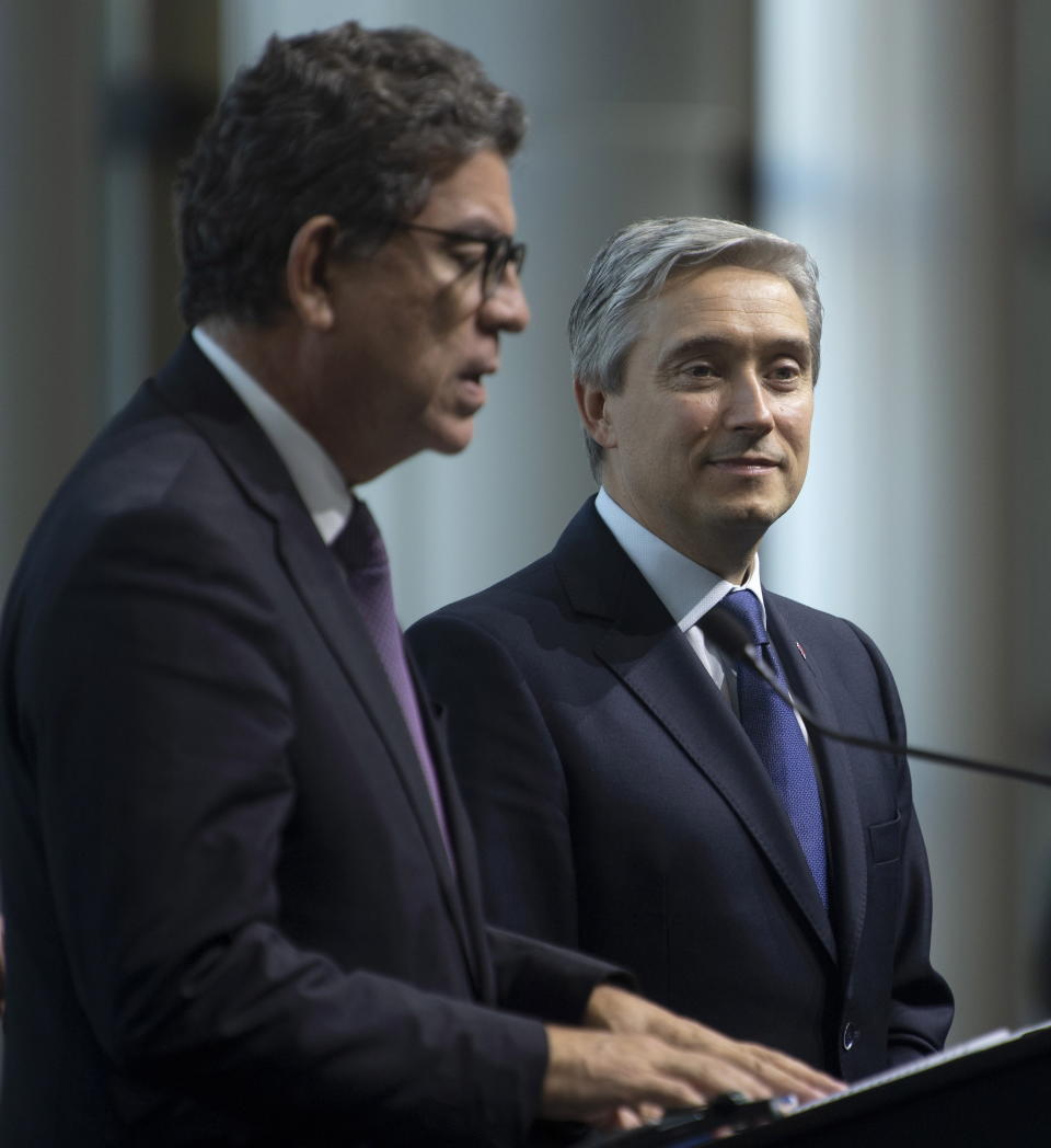 Canadian Foreign Affairs Minister Francois-Philippe Champagne looks on as Peruvian Foreign Minister Gustavo Meza Cuadra responds to a question during the closing news conference at the Lima Group Ministerial meetings in Gatineau, Quebec, Thursday, Feb. 20, 2020. (Adrian Wyld/The Canadian Press via AP)