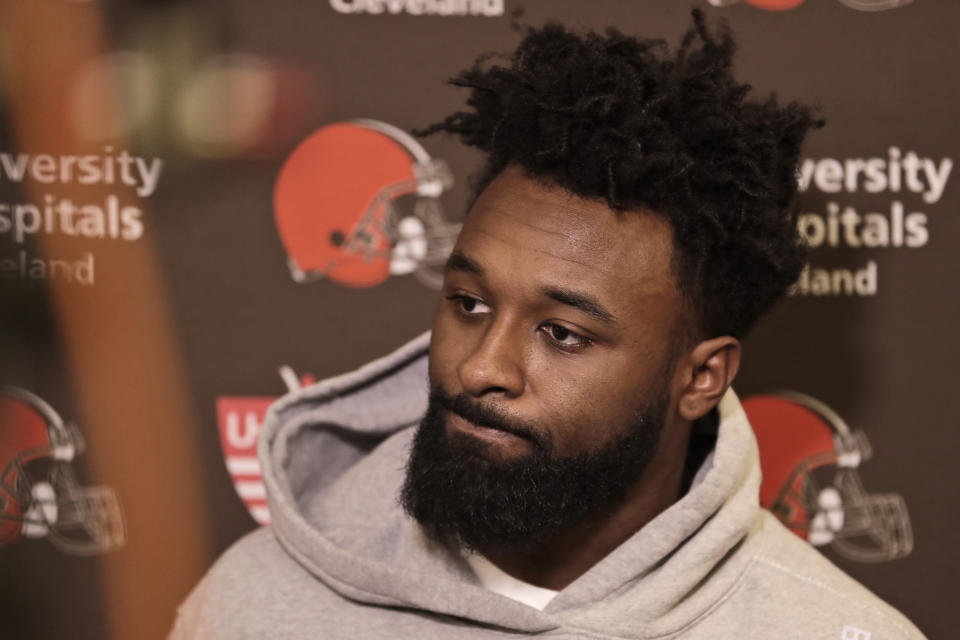 Cleveland Browns wide receiver Jarvis Landry answers questions at the NFL football team's training camp facility, Monday, Dec. 30, 2019, in Berea, Ohio. Head coach Freddie Kitchens was dismissed shortly after the Browns returned to team headquarters following a 33-23 loss to the lowly Cincinnati Bengals. (AP Photo/Tony Dejak)