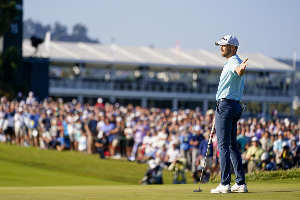 Wyndham Clark celebrates after a birdie on the 14th hole during the final round of the U.S. Open golf tournament at Los Angeles Country Club on Sunday, June 18, 2023, in Los Angeles. (AP Photo/Lindsey Wasson)