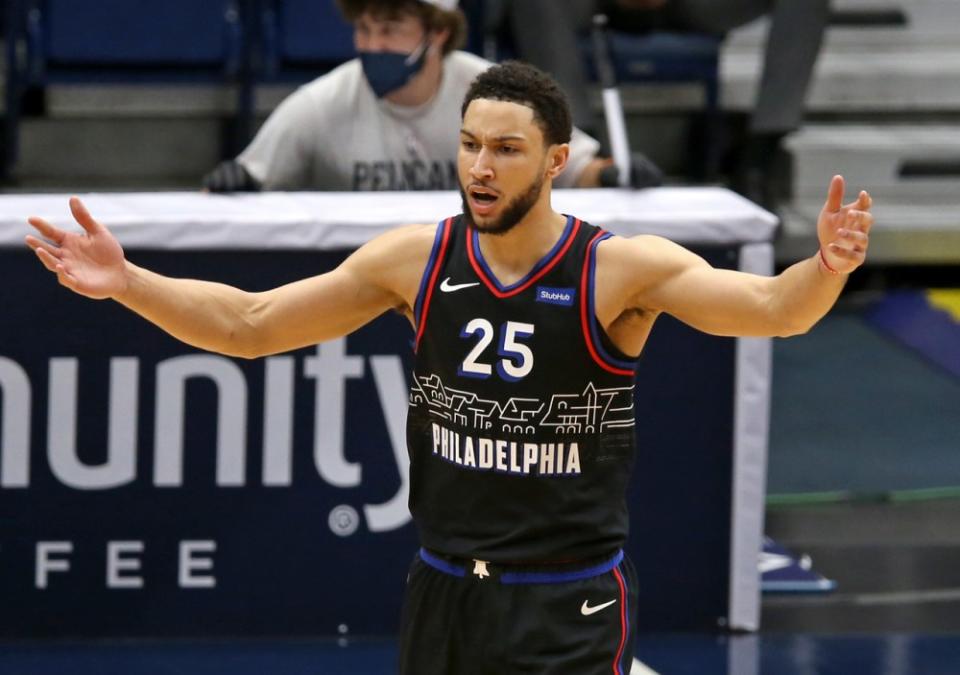 Ben Simmons complains during a game