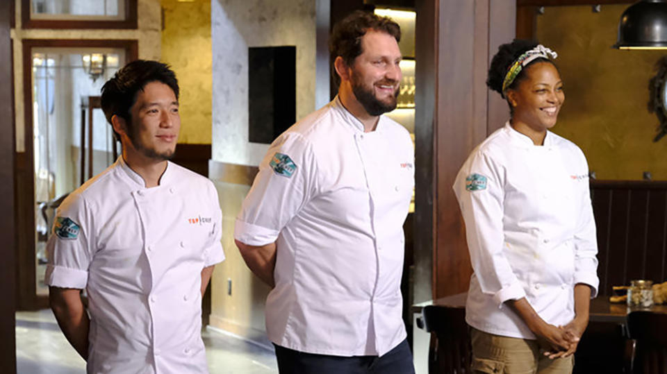 TOP CHEF — “Shellfishly Delicious” Episode 1813 — Pictured: (l-r) Shota Nakajima, Gabe Erales, Dawn Burrell — (Photo by: David Moir/Bravo) - Credit: Courtesy of David Moir/Bravo