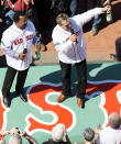 BOSTON, MA - APRIL 20: Former Boston Red Sox players Pedro Martinez and Kevin Millar lead a toast before the game between the New York Yankees and the Boston Red Sox on April 20, 2012 at Fenway Park in Boston, Massachusetts. Today marks the 100 year anniversary of the ball park's opening. (Photo by Elsa/Getty Images)