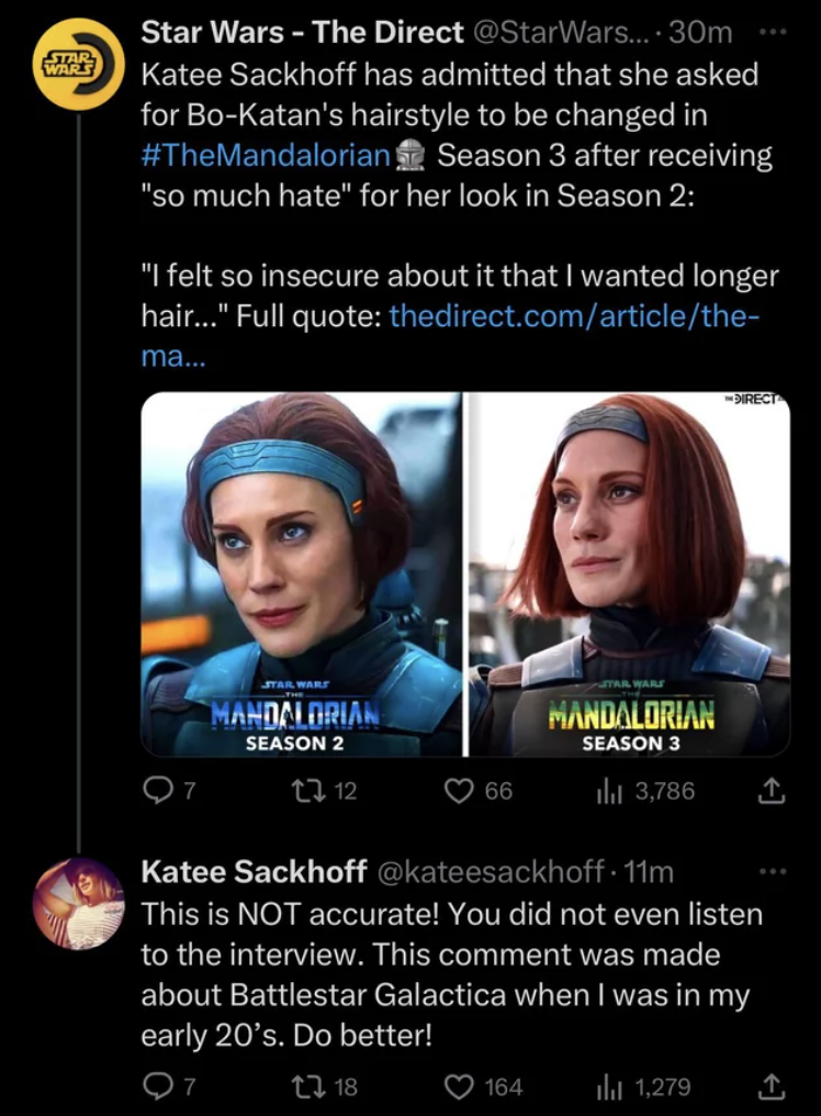 Screenshot of tweets with Katee Sackhoff discussing her character Bo-Katan from 