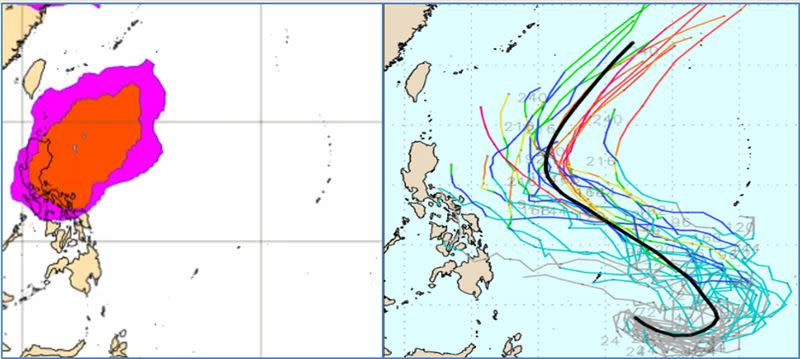 圖：最新(18日20時)歐洲(ECMWF)系集模式(左圖)及美國(GEFS)系集模式(右圖)皆模擬，未來一週至10天，在菲律賓東方海面有「熱帶擾動」發展的機率。(右圖擷自weathernerds)