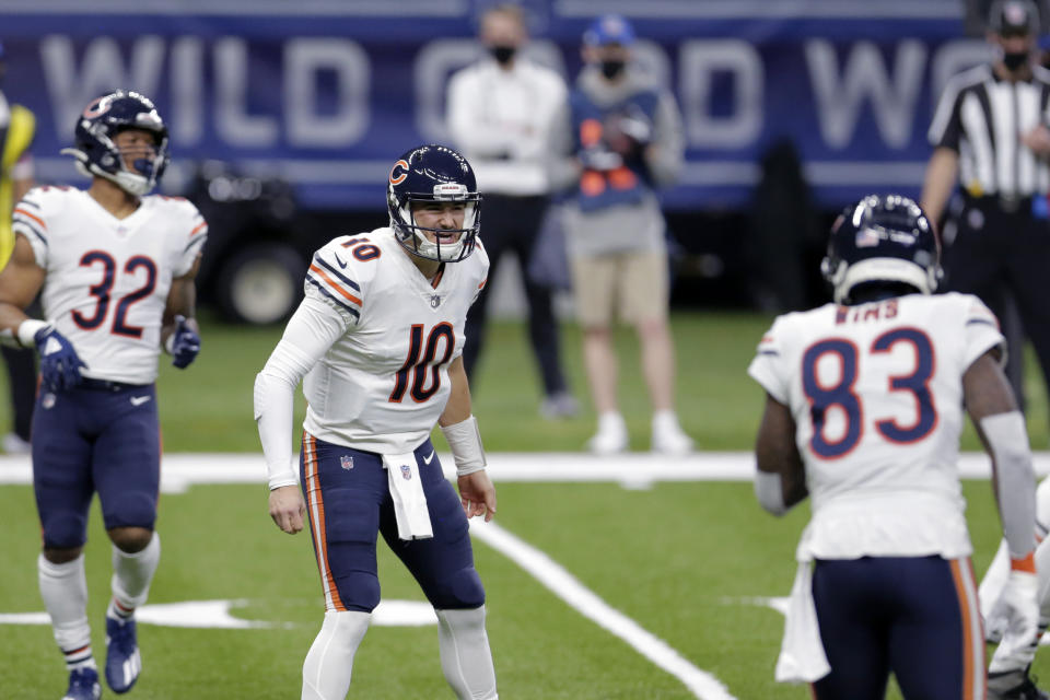 Chicago Bears quarterback Mitchell Trubisky (10) calls out a play in the first half of an NFL wild-card playoff football game against the New Orleans Saints in New Orleans, Sunday, Jan. 10, 2021. (AP Photo/Brett Duke)