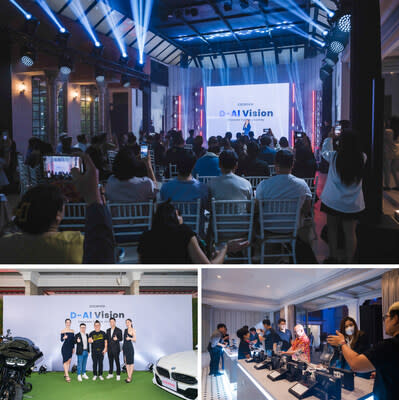 Three photos from DDPAI's launch event in Bangkok: indoor presentation with audience, group posing with car and motorcycle, and participants viewing product displays.