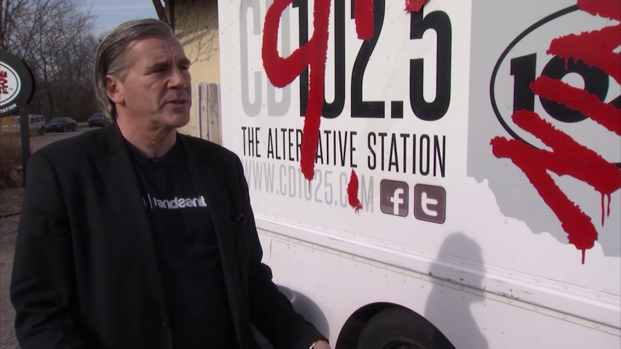 Randy Malloy, owner of CD 92.9, speaks with a reporter about his station leaving the airwaves. (NBC4 Photo/Jon Edwards)