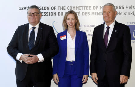 Finland's Minister of Foreign Affairs, Timo Soini, Consul General of the United States of America in Strasbourg and Deputy Permanent Representative of the United States to the Council of Europe, Cara C. McDonald and Secretary General of the Council of Europe, Thorbjorn Jagland, attend The Ministers for Foreign Affairs of the Council of Europe's annual meeting in Helsinki, Finland May 17, 2019. Lehtikuva/Vesa Moilanen via REUTERS