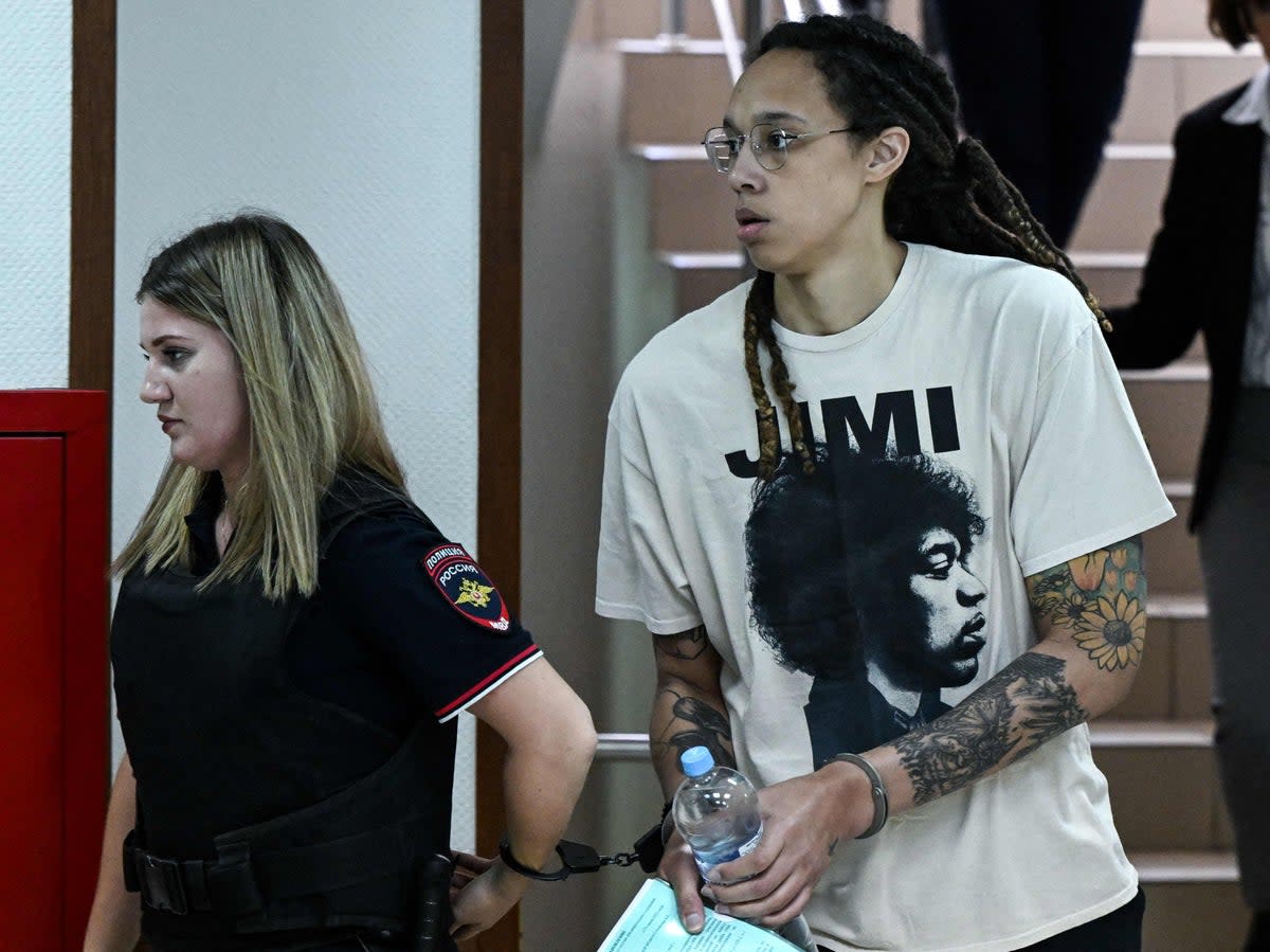 Brittney Griner appeared at a hearing at the Khimki Court, outside Moscow, on Friday (AFP via Getty Images)