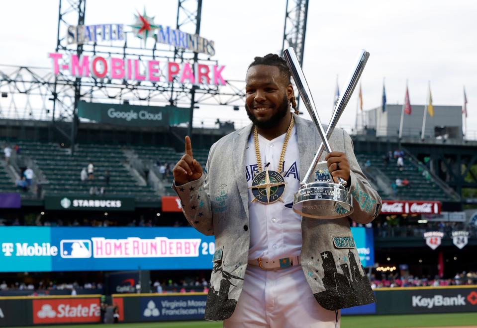 Blue Jays first baseman Vladimir Guerrero Jr. celebrates after winning the Home Run Derby at T-Mobile Park.