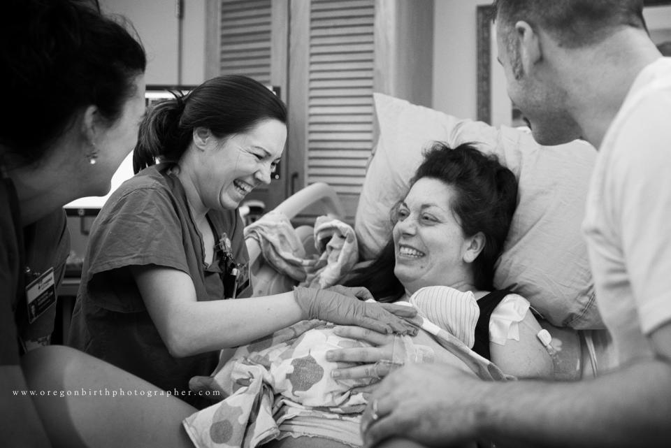 "Student midwife Kathy labored for over twenty hours, and L&amp;D nurse Jen stayed by her side for hours. During the course of labor, they chatted and found out they were actually neighbors and are now great friends. What a wonderful way to start to a friendship!"