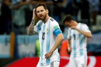 Jun 21, 2018; Nizhni Novgorod, Russia; Argentinian forward Messi reacts at the end of the FIFA World Cup 2018 Group D soccer match between Argentina and Croatia. Mandatory Credit: EFE/Sipa USA via USA TODAY Sports