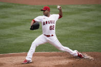 Los Angeles Angels starting pitcher Jose Quintana throws against the Texas Rangers during the first inning of a baseball game, Wednesday, April 21, 2021, in Anaheim, Calif. (AP Photo/Jae C. Hong)