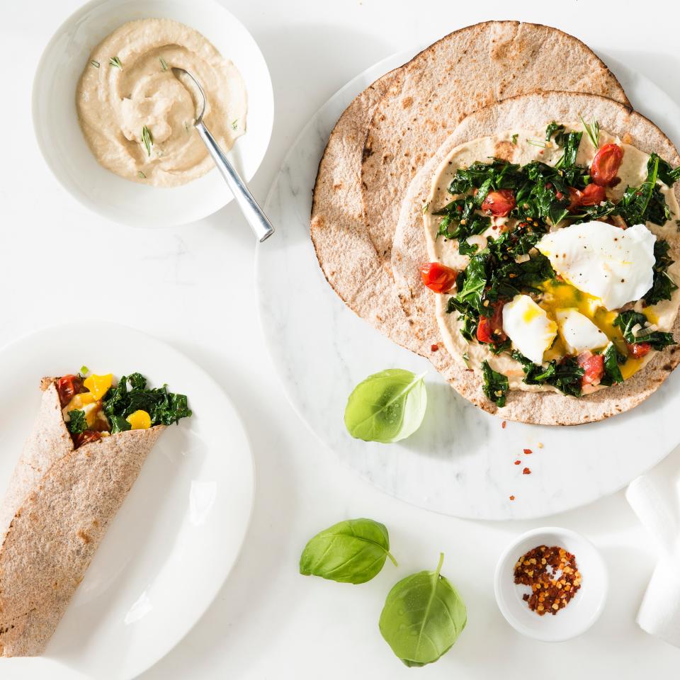 Egg, Kale, and Tomato Breakfast Wraps with Hummus