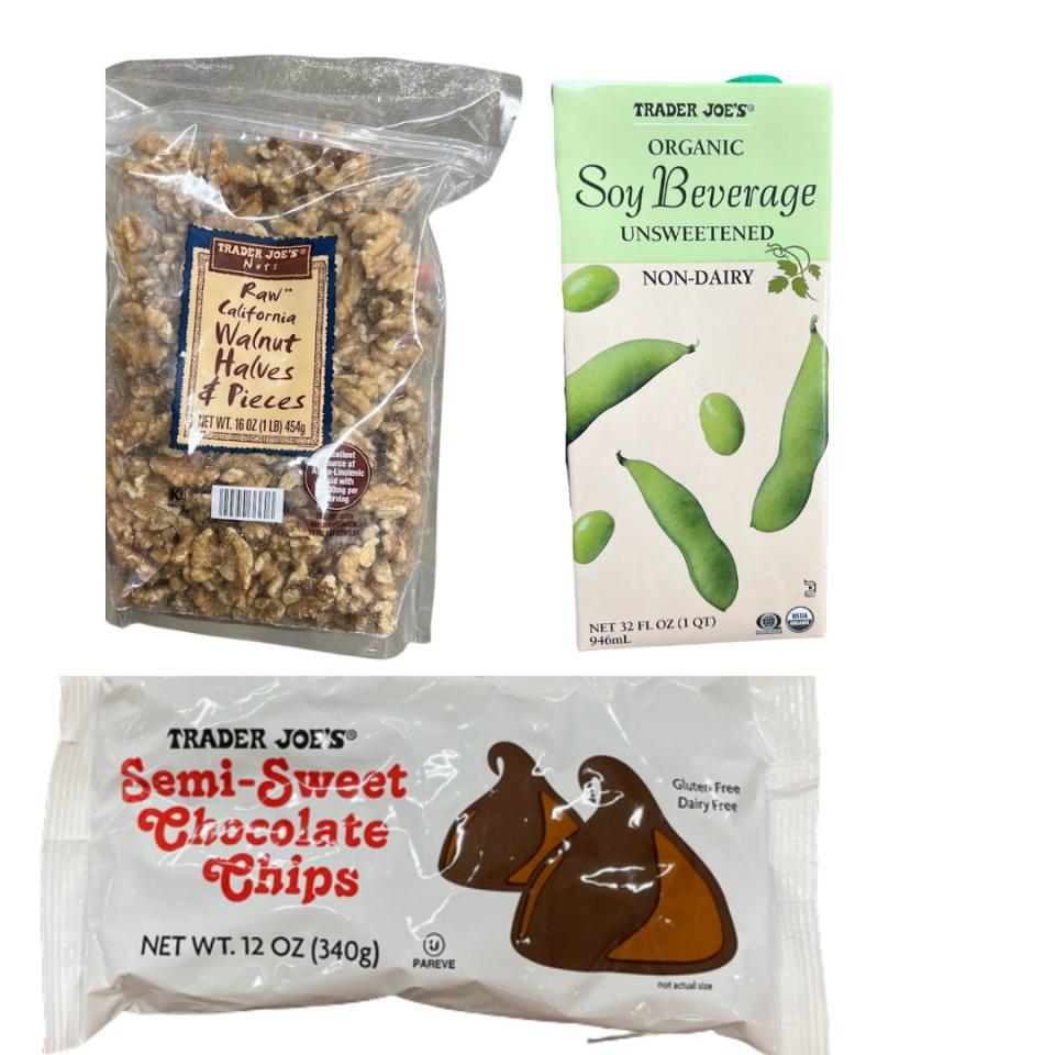 A bag of walnuts, a carton with soybeans on it, and a white bag with an illustration of chocolate chips
