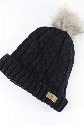 Warm Knit Foldover Satin Lined Beanie with Faux Fur Pom