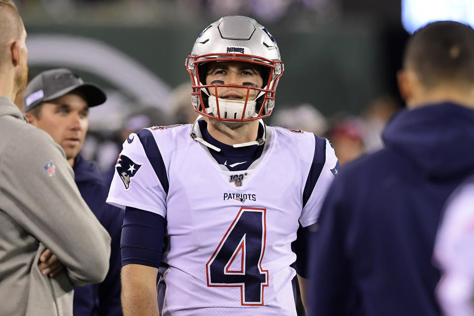 New England Patriots quarterback Jarrett Stidham threw only four regular-season passes in his rookie year behind Tom Brady. (Photo by Steven Ryan/Getty Images)