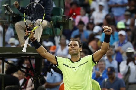 Mar 24, 2017; Miami, FL, USA; Rafael Nadal of Spain celebrates after his match against Dudi Sela of Israel (not pictured) on day four of the 2017 Miami Open at Brandon Park Tennis Center. Nadal won 6-3, 6-4. Geoff Burke-USA TODAY Sports