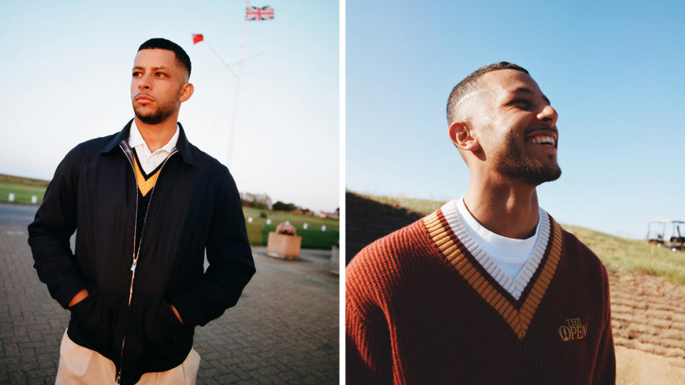 The Golfer jacket in black (£400) and wool sweater in russet (£185). - Credit: Manors Golf