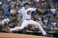 Chicago Cubs starter Kyle Hendricks delivers a pitch during the first inning of a baseball game against the Cleveland Indians Tuesday, June 22, 2021, in Chicago. (AP Photo/Paul Beaty)