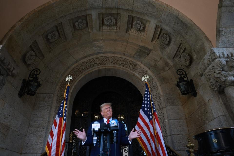 Donald Trump speaks to reporters outside his Mar-a-Lago estate after Supreme Court justices heard oral arguments in a challenge to remove him from Colorado ballots (Getty Images)