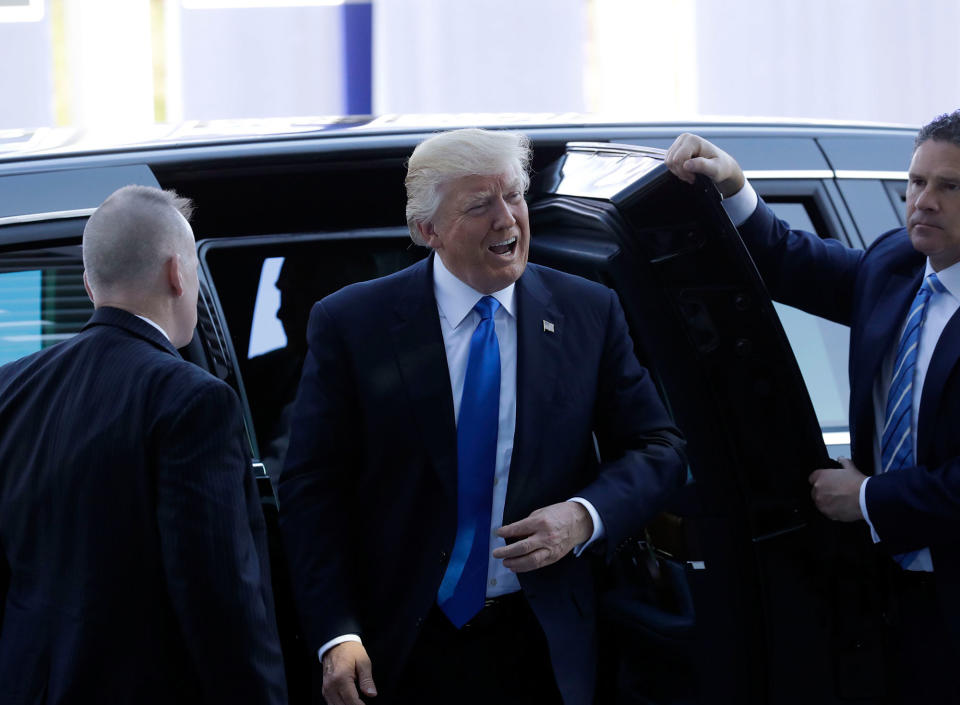 <p>President Donald Trump arrives to meet NATO Secretary General Jens Stoltenberg during a NATO summit of heads of state and government in Brussels on Thursday, May 25, 2017. (Photo: Matt Dunham/AP) </p>