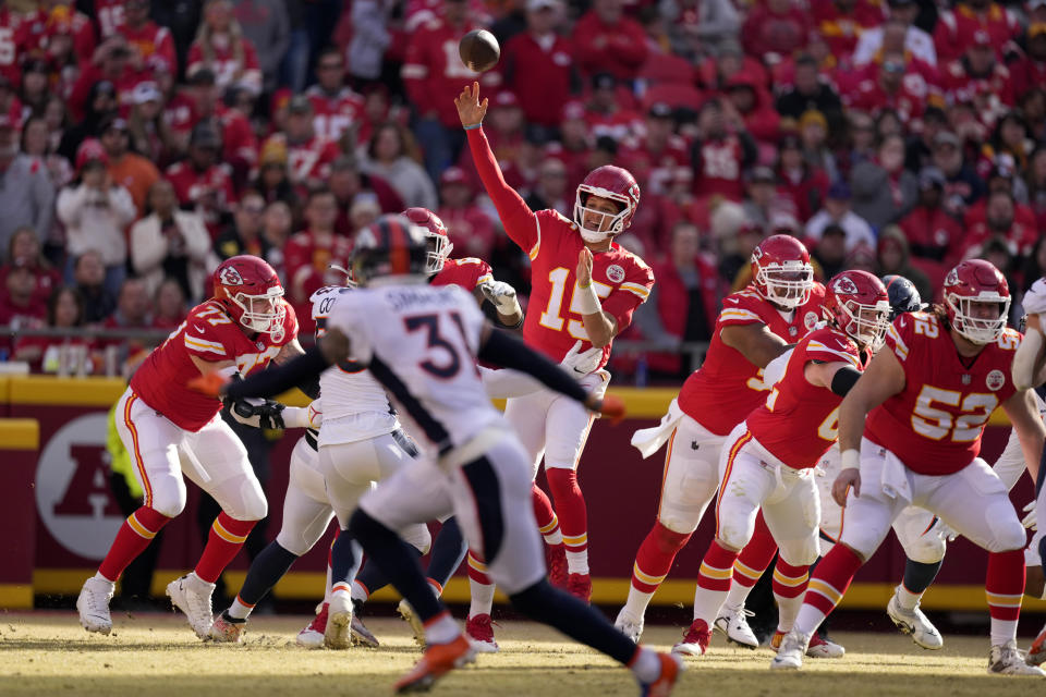 Kansas City Chiefs quarterback Patrick Mahomes throws during the second half of an NFL football game against the Denver Broncos Sunday, Jan. 1, 2023, in Kansas City, Mo. (AP Photo/Charlie Riedel)