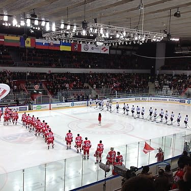 Russian national anthem before KHL game. (#NickInEurope)