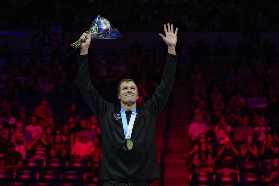 Nic Fink reacts after winning the men's 100 breaststroke finals Sunday, June 16, 2024, at the US Swimming Olympic Trials in Indianapolis.(AP Photo/Michael Conroy)