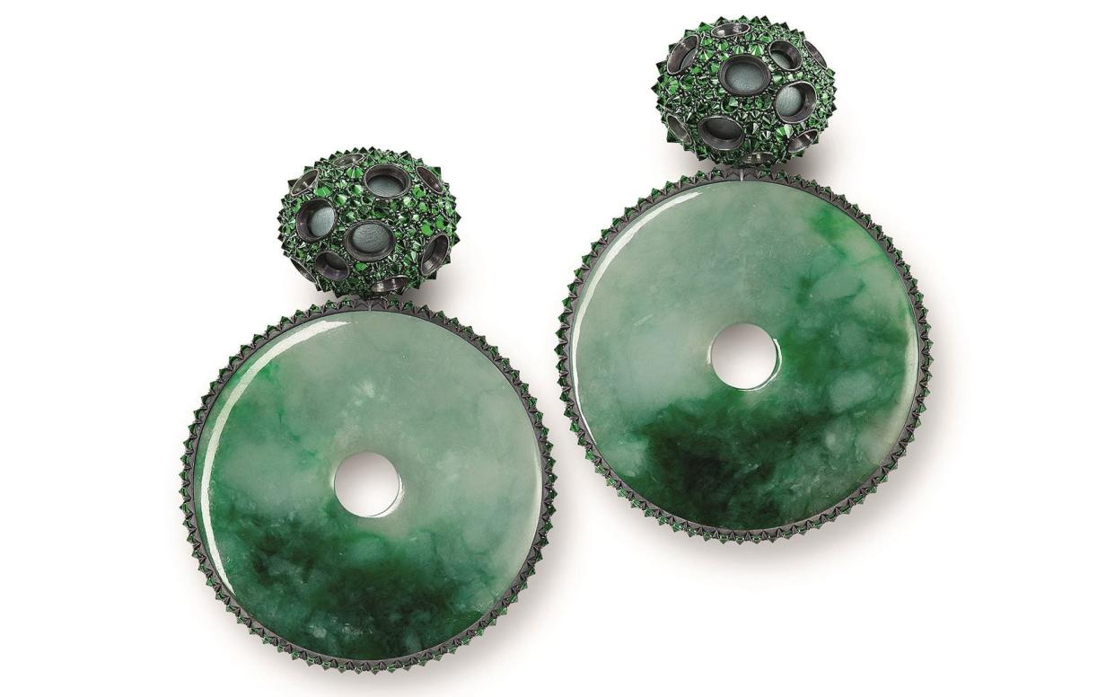 Silver, aluminium, white gold, jade and tsavorite earrings, Hemmerle 