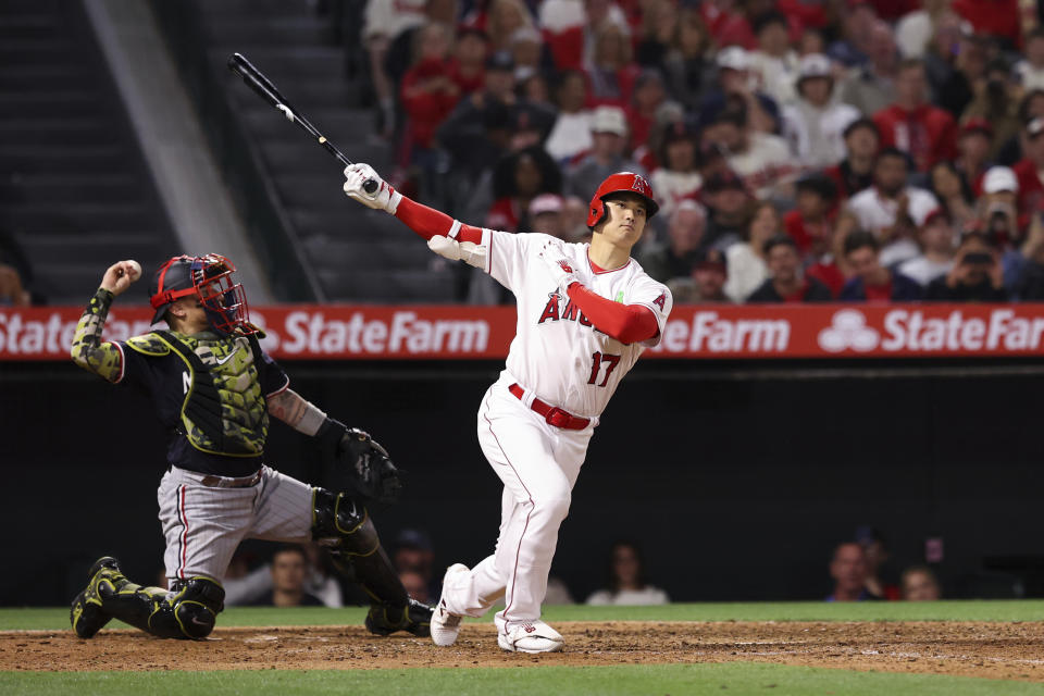 Los Angeles Angels designated hitter Shohei Ohtani (17) strikes out swinging during the seventh inning of a baseball game against the Minnesota Twins in Anaheim, Calif., Saturday, May 20, 2023. (AP Photo/Jessie Alcheh)