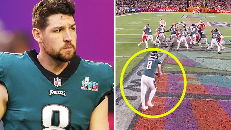 Arryn Siposs, pictured here in a nightmare moment for the Philadelphia Eagles in the Super Bowl.